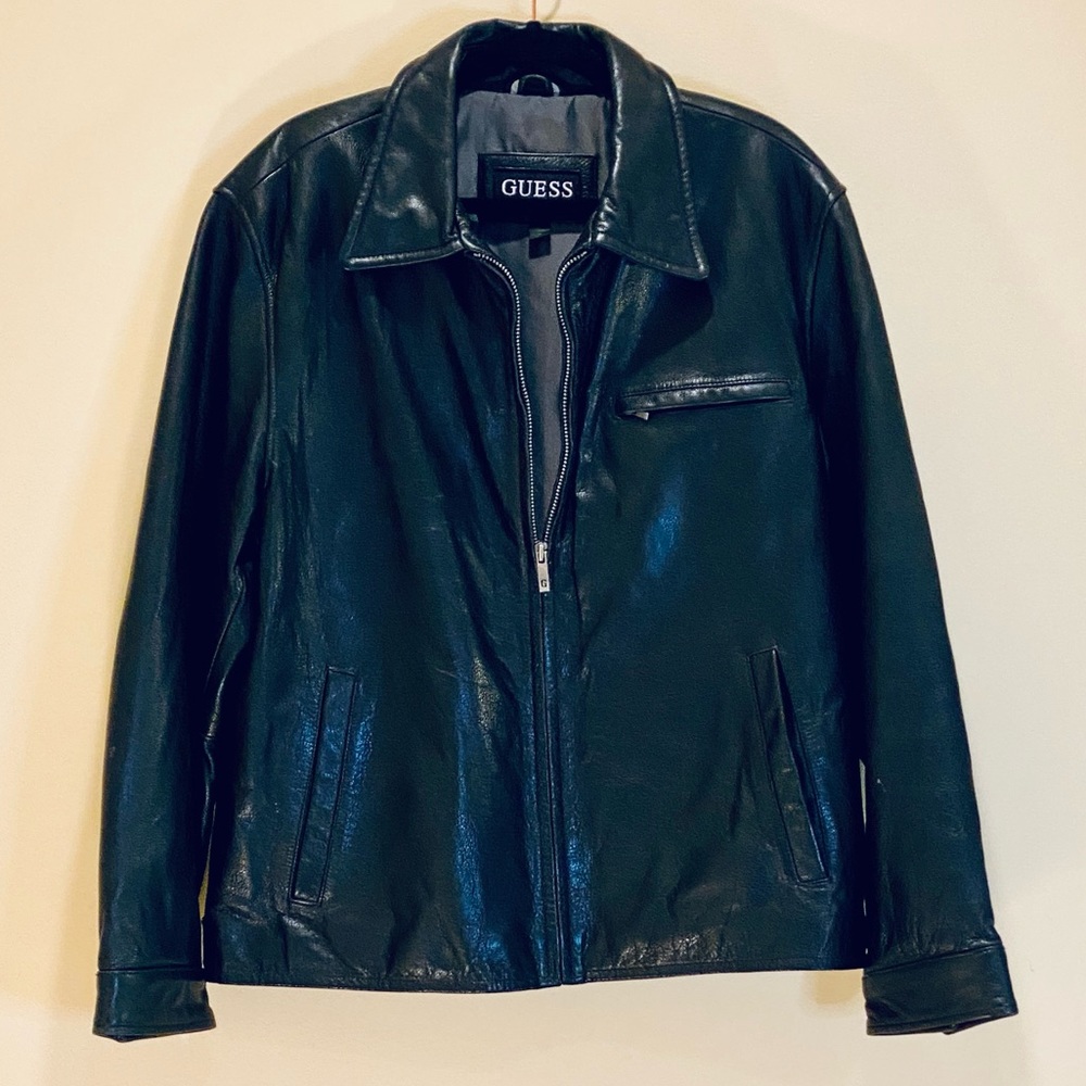 🌟4xHP🌟2010 Guess Black Pebbled Leather Zipper Jacket L